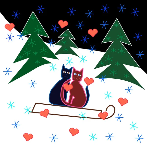 Love cats sledge ride through the snowy hillside. — Stock Vector