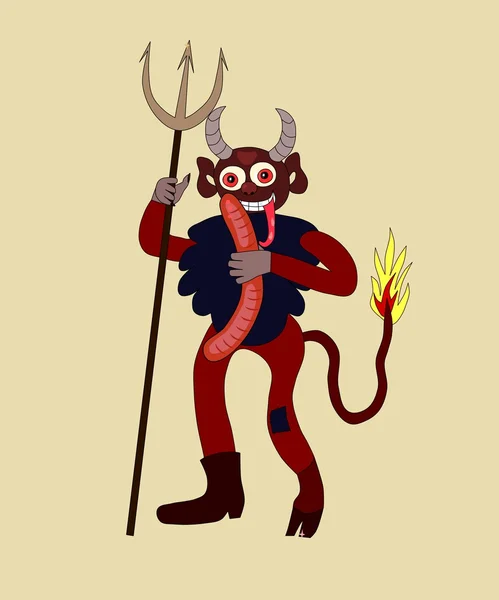 Cute cartoon devil with sausage — Stock Vector