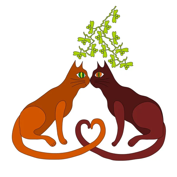Две кошки целуются под омелой — стоковый вектор