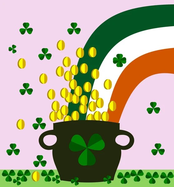 Shamrocks, Topf mit Goldmünzen und irischer Flagge - Saint Patrick Day — Stockvektor