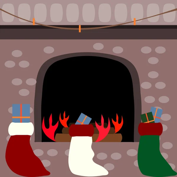 Medias llenas de regalos frente a una chimenea — Vector de stock