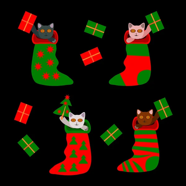 Χαριτωμένο Χριστούγεννα γατάκια σε κάλτσες με τα δώρα και το δέντρο — Διανυσματικό Αρχείο