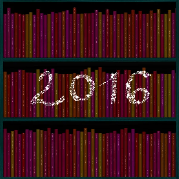 2016 inscription of snowflakes over bookshelf — Stock Photo, Image