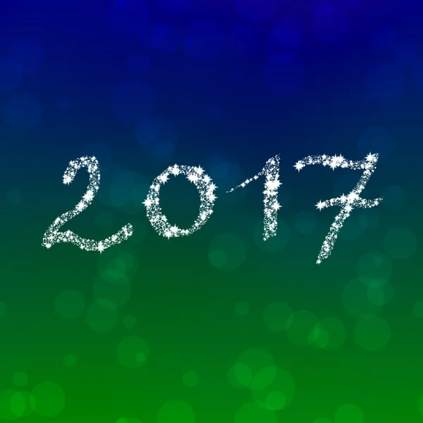 White snowflakes era 2017 inscription on blue green bokeh background — Stock Photo, Image