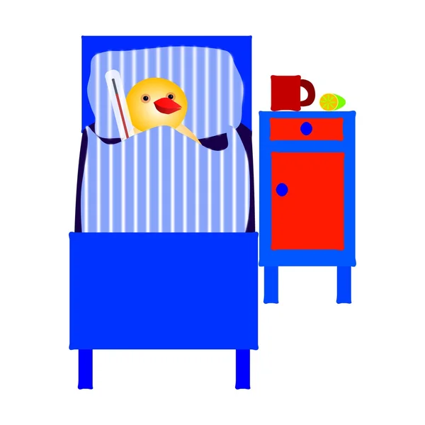 Pollo enfermo acostado en la cama con termómetro — Foto de Stock
