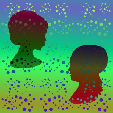 Yeşil retro polka noktalı desene stilize kız profil kafa ile