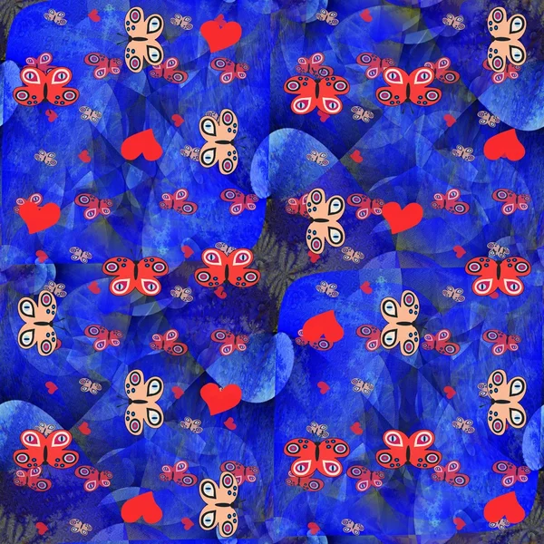 Kelebekler ve kalpleri süs dekoratif desen mavi fraktal arka plan üzerinde