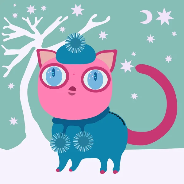 Cute pink cat with big eye in blue winter cap and dress with balls — Stock Vector