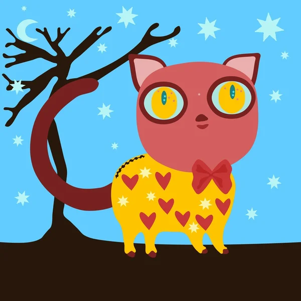 Červená hnědá kočka s velkým žlutýma očima v roztomilé žluté šaty s srdce a hvězdy — Stockový vektor