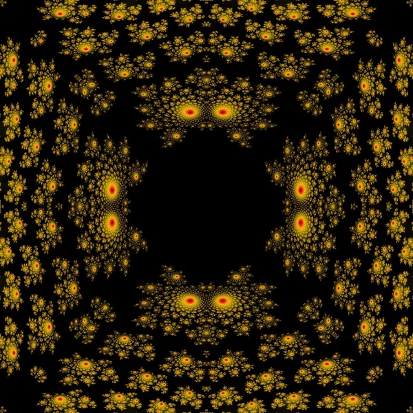 Patrón fractal negro amarillo sin costuras abstracto que recuerda a cabezas de demonios con ojos brillantes — Foto de Stock