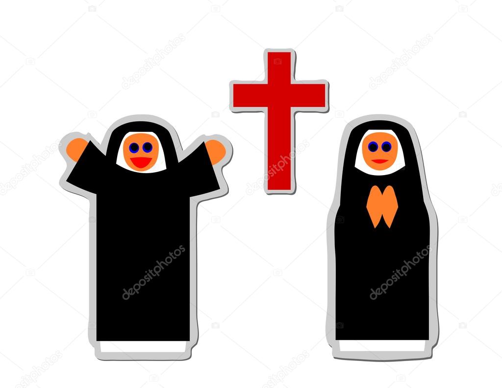 Simple icon of christian nun rejoicing and praying front red cross