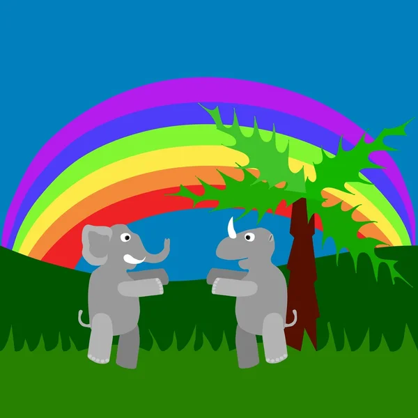 犀牛和大象在高高的草丛，在彩虹下会议 — 图库矢量图片