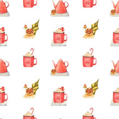 Beyaz arka planda kakao ve şekerli suluboya Noel deseni. Beyaz arka planda Noel oyuncakları ve tatlılar olan şirin bir baskı..