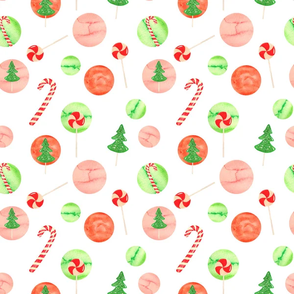 Hand Drawn Watercolor Seamless Pattern Christmas Candy Canes White Background — Stock Photo, Image