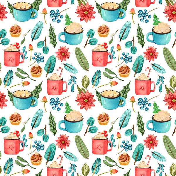 Watercolor seamless Christmas pattern with sweets and decorations on a white background. Print with cups of hot drinks and marshmallows, Christmas candies and winter botany.
