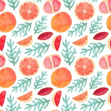 Beyaz arkaplanda portakallı ve köknar dallı suluboya deseni.