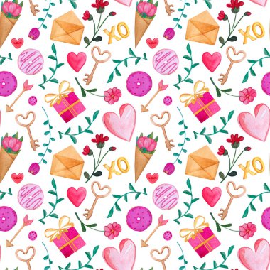 Sevgililer Günü için güzel suluboya parmak izi. Kalpler, anahtarlar, oklar, zarflar ve çiçekler beyaz arka planda kusursuz desen.