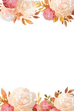 Düğün davetiyeleri ve kartlar için beyaz arka planda kırmızı güller ve altın yapraklı çerçeve. Metnin için yer ile suluboya illüstrasyon.