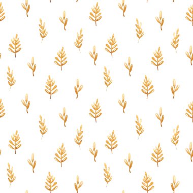 Beyaz arka planda altın yapraklı, pürüzsüz suluboya deseni.
