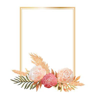 Rectangular gold frame with watercolor floral arrangement in boho style on white background. Card with roses, palm leaves and pampas grass is suitable for wedding invitations, cards. clipart