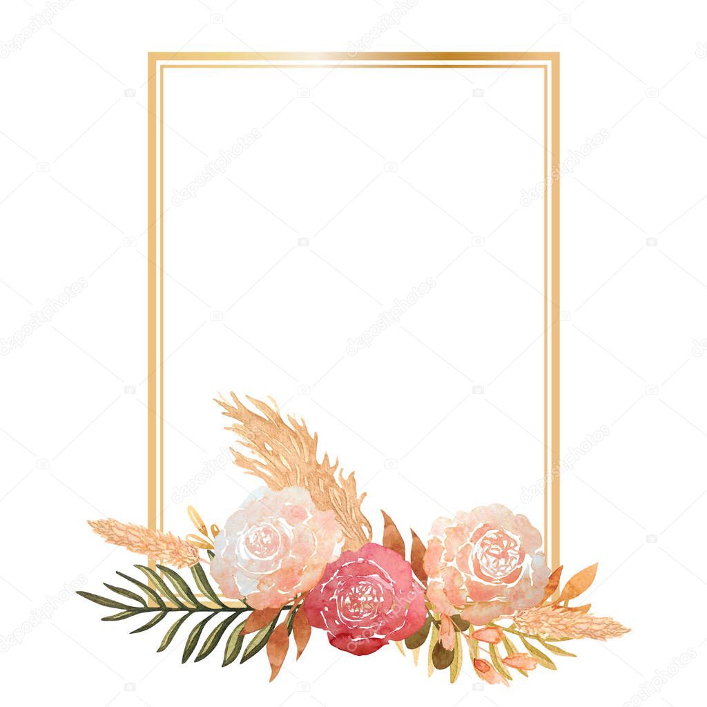 Rectangular gold frame with watercolor floral arrangement in boho style on white background. Card with roses, palm leaves and pampas grass is suitable for wedding invitations, cards.