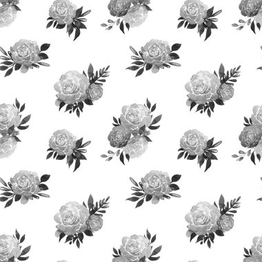 Beyaz arka planda suluboya ve beyaz güllerle kusursuz desen. Çiçek aranjmanlı klasik siyah beyaz baskı..