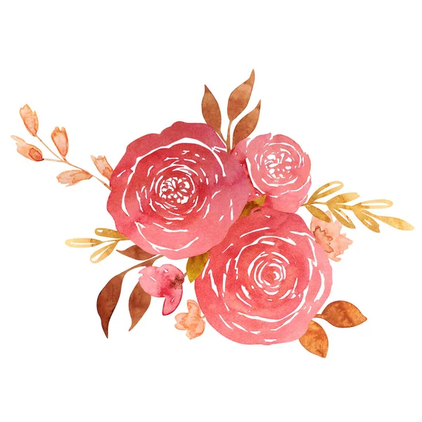Blommigt Arrangemang Med Pudriga Rosa Rosor Och Brun Grönska Isolerad — Stockfoto