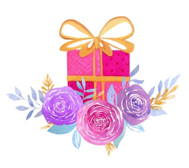 Beyaz arka planda izole edilmiş çiçekli suluboya kompozisyon. Altın kurdeleli pembe hediye, mavi ve altın yapraklı parlak güllerin çiçek aranjmanı..