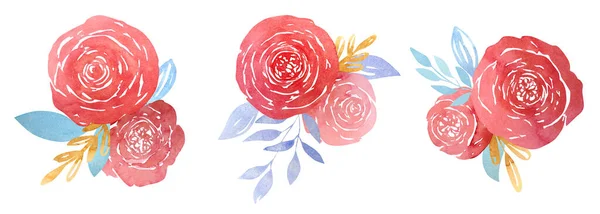 Sada Akvarelem Složeným Růží Modrých Listů Zlatých Větviček Izolovaných Bílém — Stock fotografie