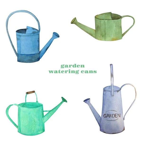 Ensemble Pots Arrosage Jardin Aquarelle Isolés Sur Fond Blanc Clip — Photo