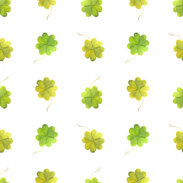 水彩画无缝图案 有四个叶三叶草 背景为白色 春天的三叶草花纹最适合用在圣帕特里克的卡片上 — 图库照片