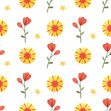 Beyaz arka planda suluboya güneş ve çiçeklerle kusursuz desen. Kırmızı çiçekli parlak bir iz ve süslemeli dekoratif güneş.