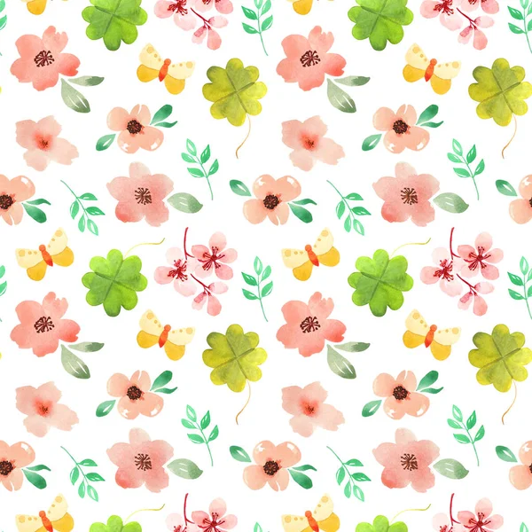 Aquarel Naadloos Patroon Met Sakura Bloemen Klavertje Vier Een Witte — Stockfoto