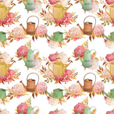 Beyaz arka planda gül ve bahçe sulama kutularıyla sulu boya desenleri. Eski kahverengi, yeşil ve sarı sulama kutuları, bordo ve kahverengi ve altın yapraklı tozlu pembe güller..
