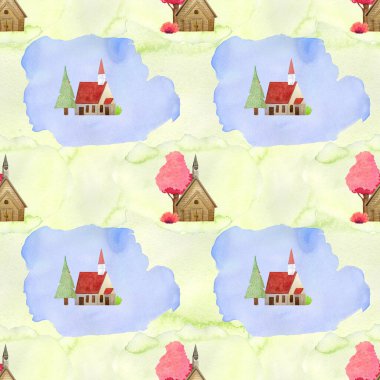 Suluboya arka planda kilise ve ağaçlarla kusursuz suluboya desenler. Mavi ve yeşil suluboya lekelerine karşı kilise ve ağaçlarla kompozisyonlar.