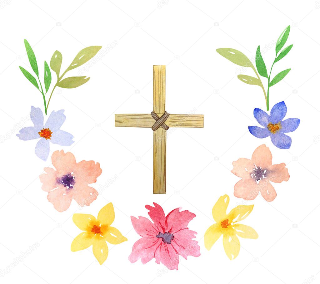 Watercolor composition with cross and flowers isolated on white background. Wooden cross and watercolor flowers are perfect for Easter cards, invitations, posters.