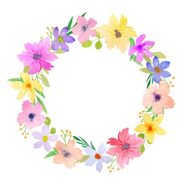 Beyaz arka planda izole edilmiş basit çiçeklerden oluşan suluboya parlak bahar çelengi. Bahar çiçeği çelengi kartlar, davetiyeler, afişler için uygundur.