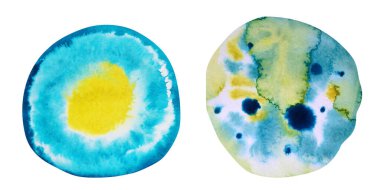 Suluboya turkuaz sarı daire. Yıkama ile soyut illüstrasyon.