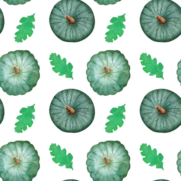 Padrão Sem Costura Aquarela Desenhada Mão Com Abóboras Verdes Folhas Imagens Royalty-Free