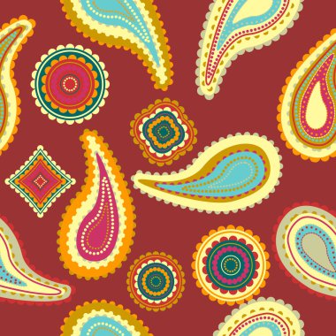 Paisley seamless pattern with bright shapes on red background. 