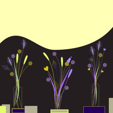 Vazolarda üç buket çiçek olan bir resim..