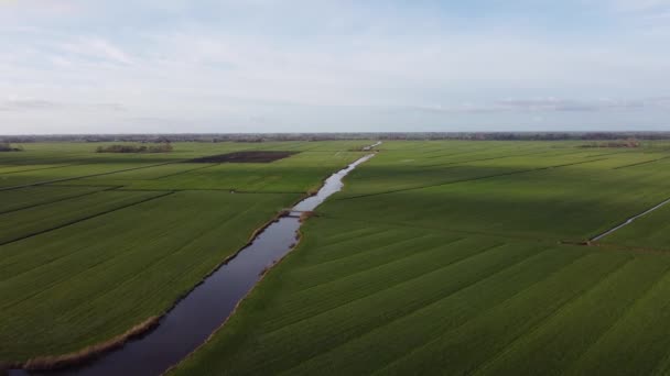 Vista Aérea Desde Canal Entre Tierras Cultivo Alrededor Del Lago — Vídeos de Stock