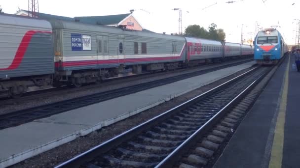 Trans Siberia railway train arriving at the station in Russia — Stock Video