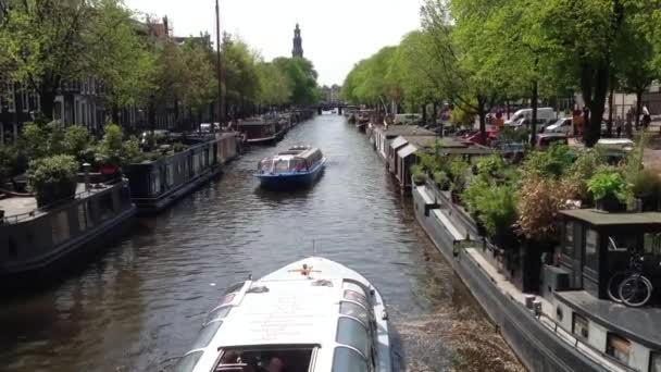 Csatorna sétahajók Amszterdamban elhaladnak egymás mellett élő hajókkal a csatorna oldalán — Stock videók
