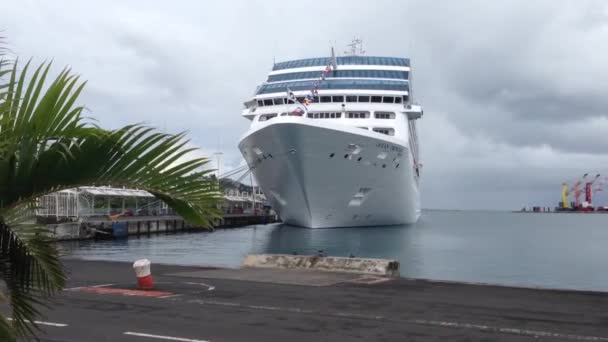 Μεγάλο κρουαζιερόπλοιο στο λιμάνι από την Ταϊτή, Γαλλική Πολυνησία — Αρχείο Βίντεο