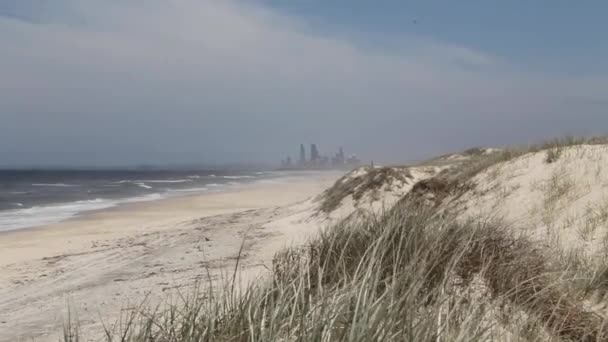 Duna y playa con al fondo Hoteles en Gold Coast, Queensland, Australia — Vídeo de stock