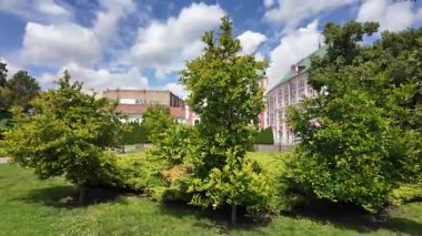 Poznan, Polonya 'daki St. Stanislaus Kilisesi (Fara Kilisesi) etrafındaki parkta yürüyüş