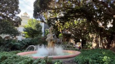 Alicante İspanya 'daki Placa Gabriel Miro' da fıskiye ve büyük ağaçlar