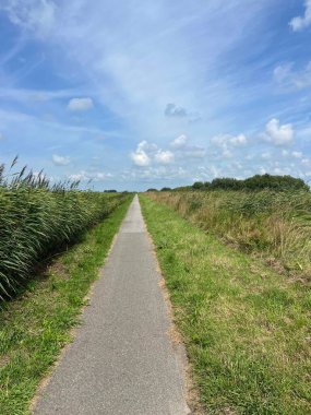 Friesland, Hollanda 'daki Slotermeer çevresinde bisiklet yolu