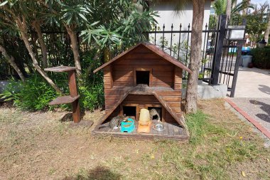 İki katlı ahşap kedi evi ve yiyecek.